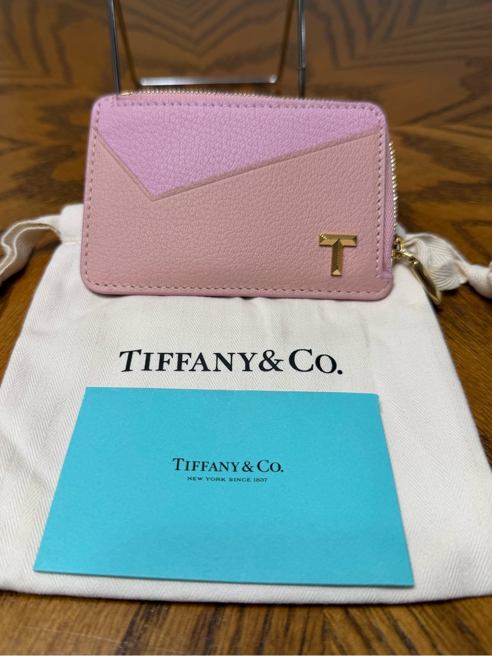 Tiffany & Co. Two-Tone Pink Leather Zip Card Wallet with Gold T Emblem